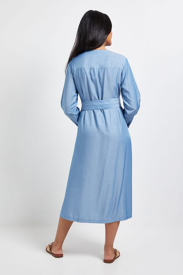 Wallis Wallis Women's Petite Denim Look Tie Waist Midi Dress in Light Wash - 3