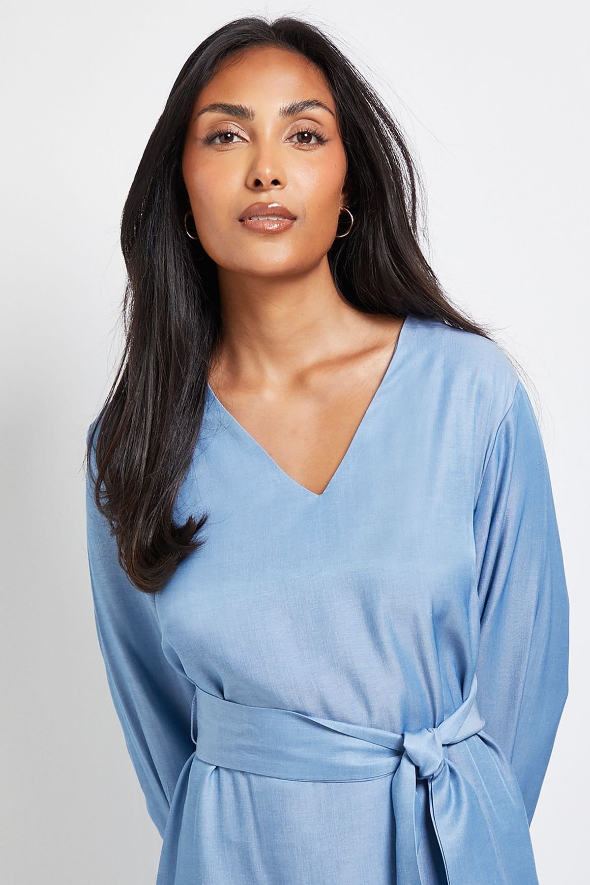 Wallis Wallis Women's Petite Denim Look Tie Waist Midi Dress in Light Wash - 4