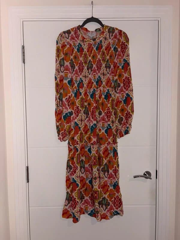Never Fully Dressed Never Fully Dressed Colourful Funky Print Midi Dress Size 10 Petite Modest Fashion palm tree
