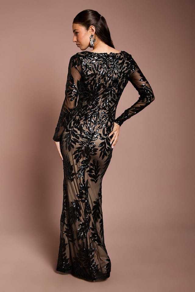 Coast Coast Women's Long Sleeve Floral Sequin Maxi Dress in Black - 3