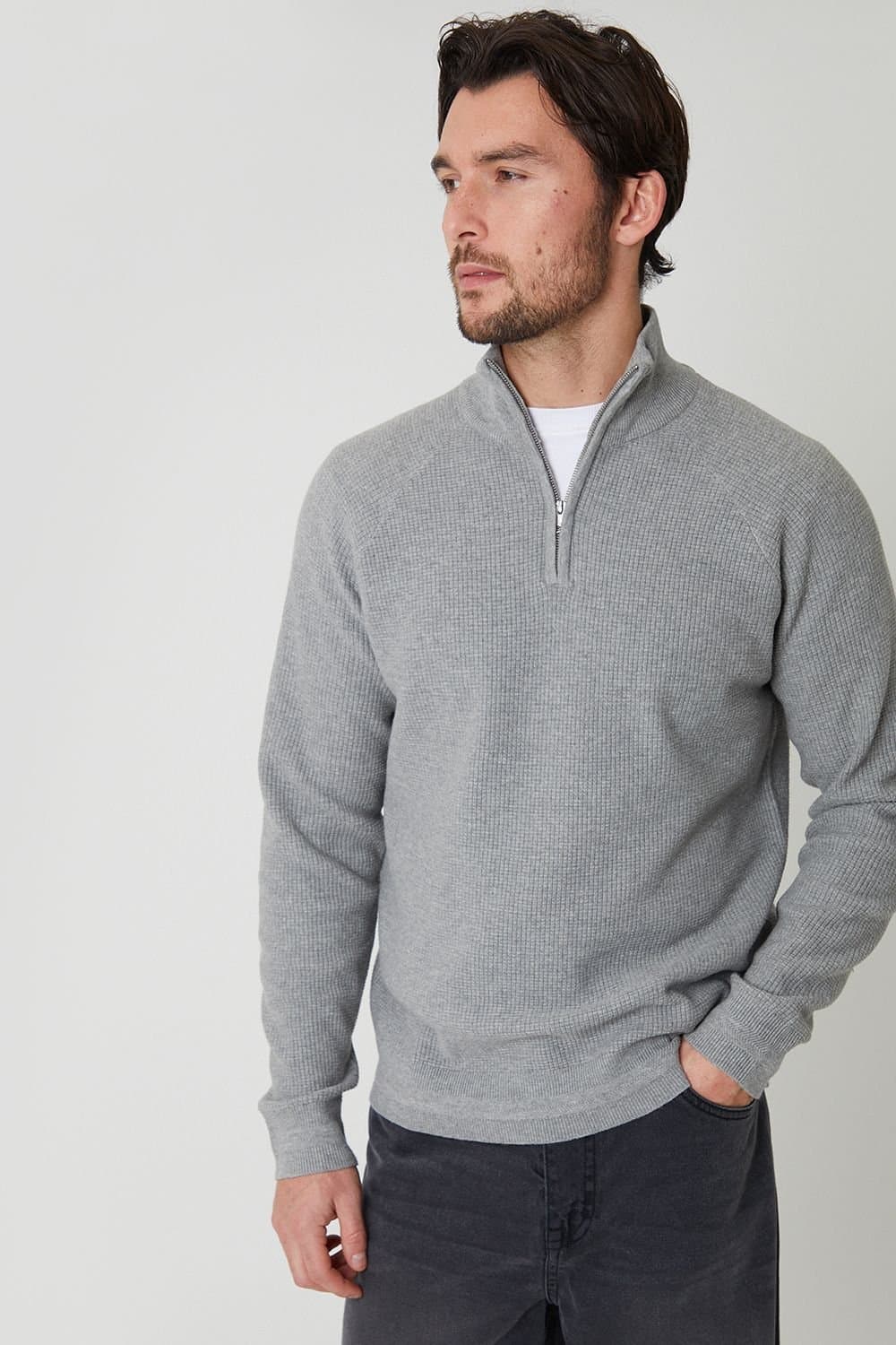Threadbare Threadbare Men's Waffle Knit Raglan Quarter Zip Jumper in Grey