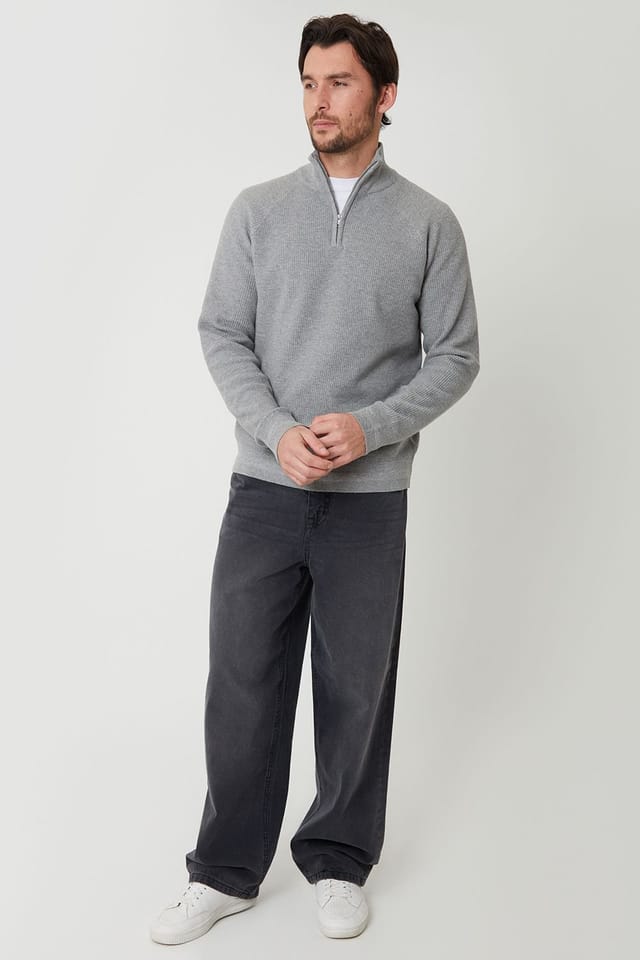 Threadbare Threadbare Men's Waffle Knit Raglan Quarter Zip Jumper in Grey - 3