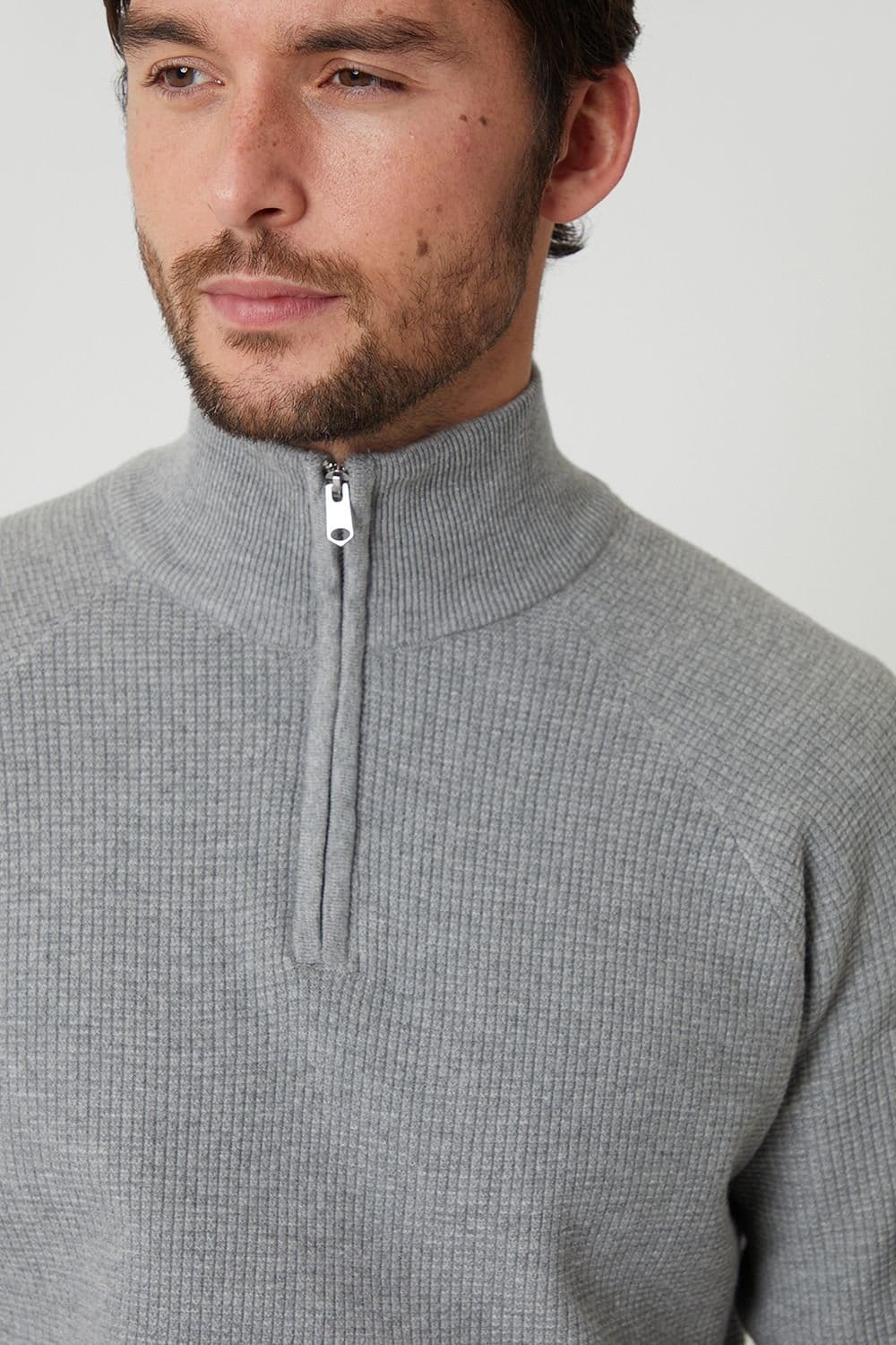 Threadbare Threadbare Men's Waffle Knit Raglan Quarter Zip Jumper in Grey - 4