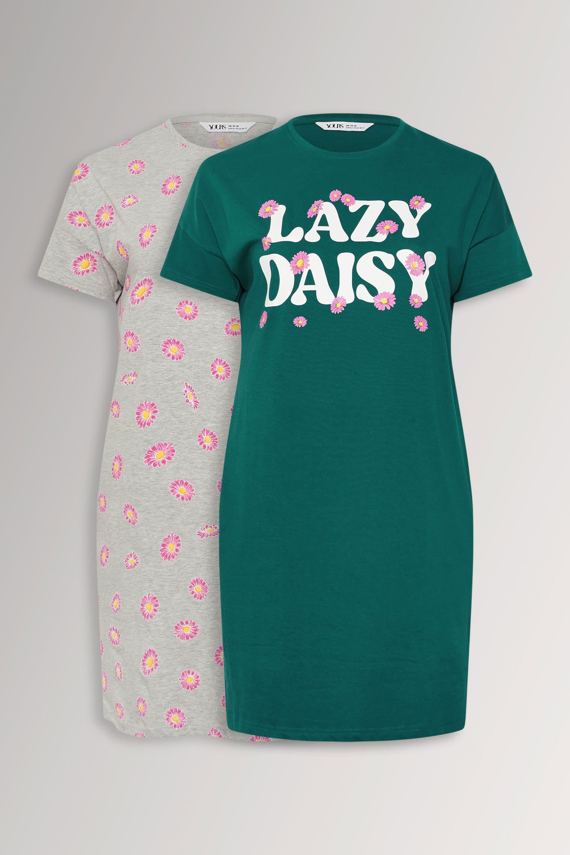 Yours Plus Size 2 Pack Green 'Lazy Daisy' Slogan Printed Nightdresses