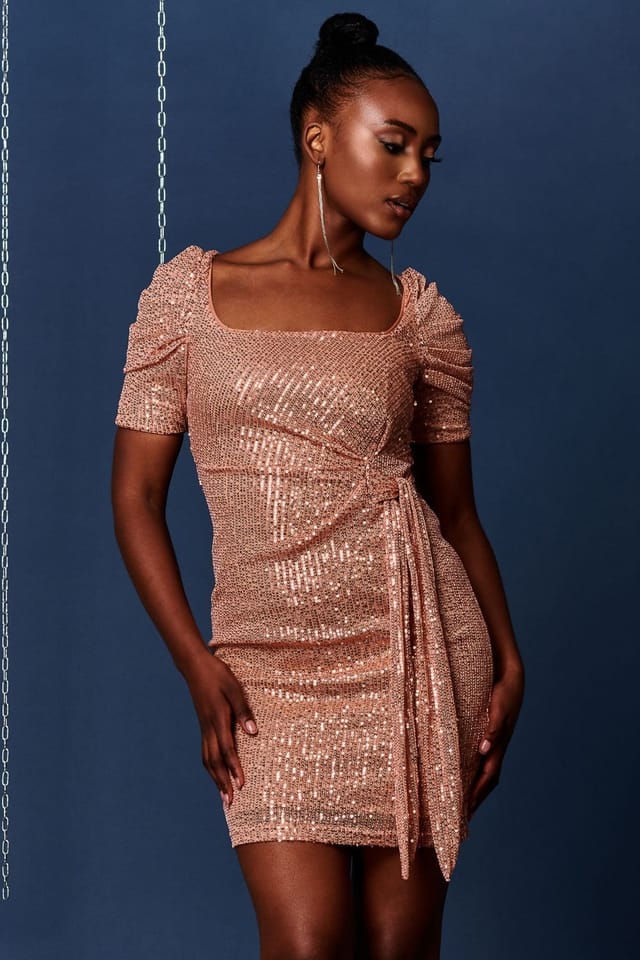 Jolie Moi Jolie Moi Women's Sequin Square Neck Pencil Dress in Off-White - 3