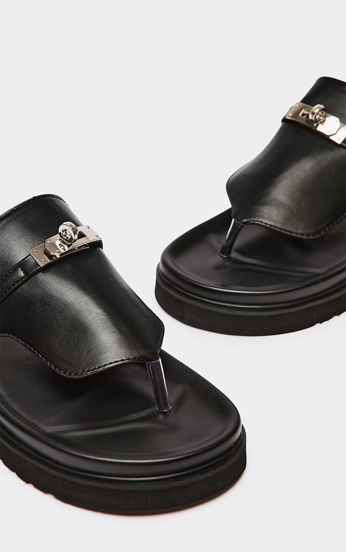 EGO Danni Lock Detail Thong Strap Flat Slider Sandal In Black Faux Leather, Women's Size UK 3