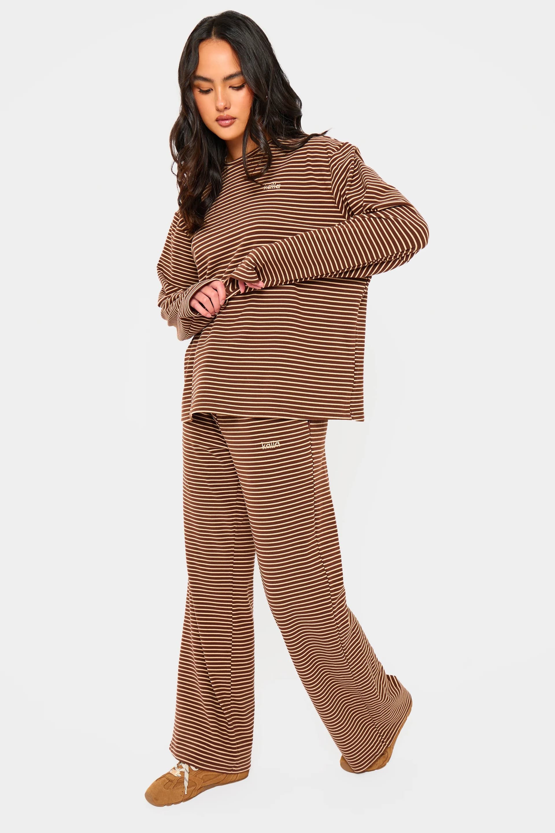 Kaiia Kaiia Striped Fleece Drawstring Wide Leg Trousers Brown & Cream