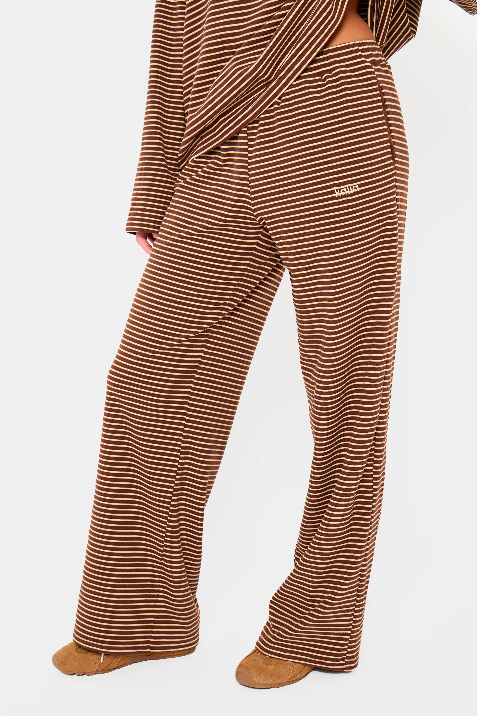 Kaiia Kaiia Striped Fleece Drawstring Wide Leg Trousers Brown & Cream - 3