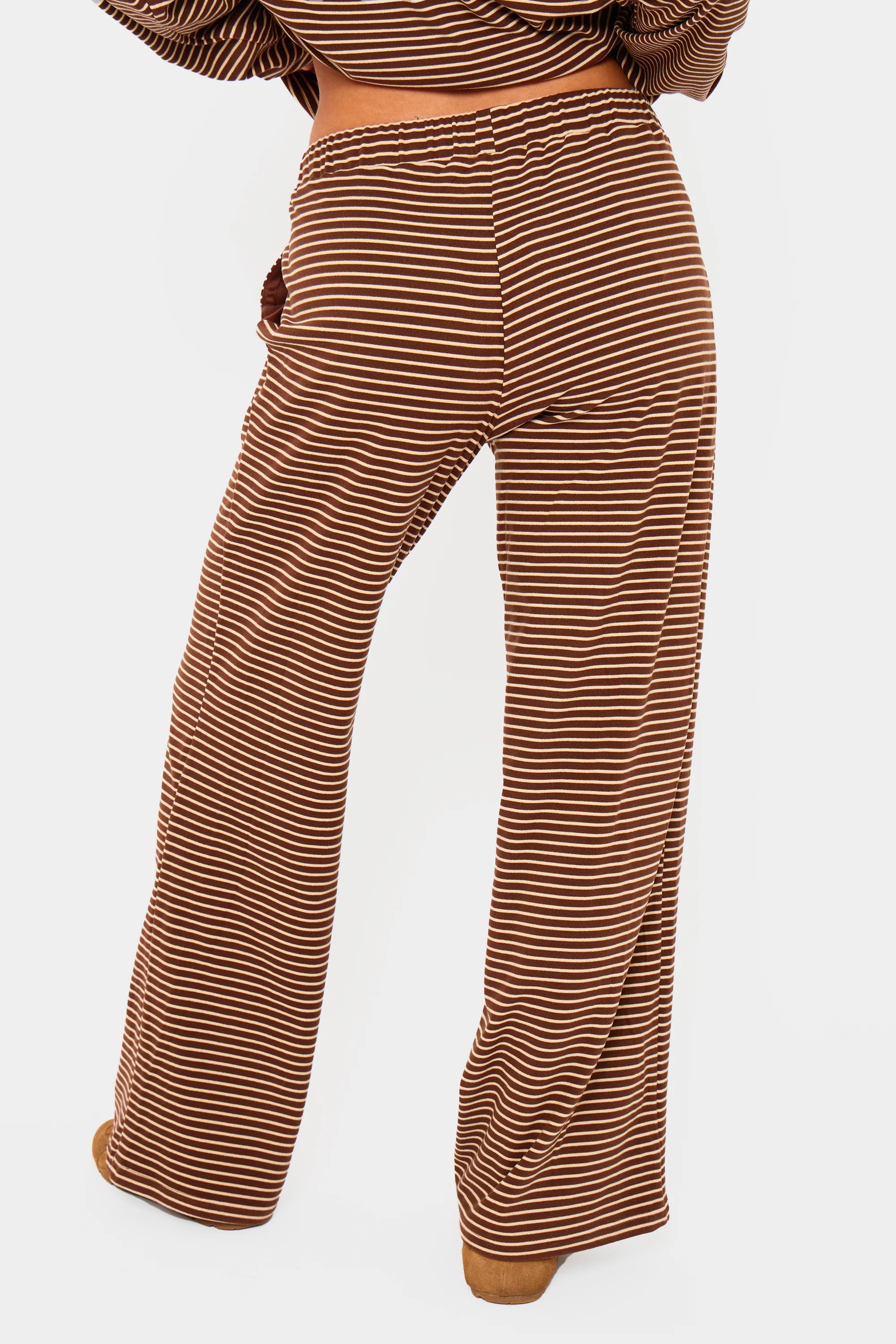 Kaiia Kaiia Striped Fleece Drawstring Wide Leg Trousers Brown & Cream - 4