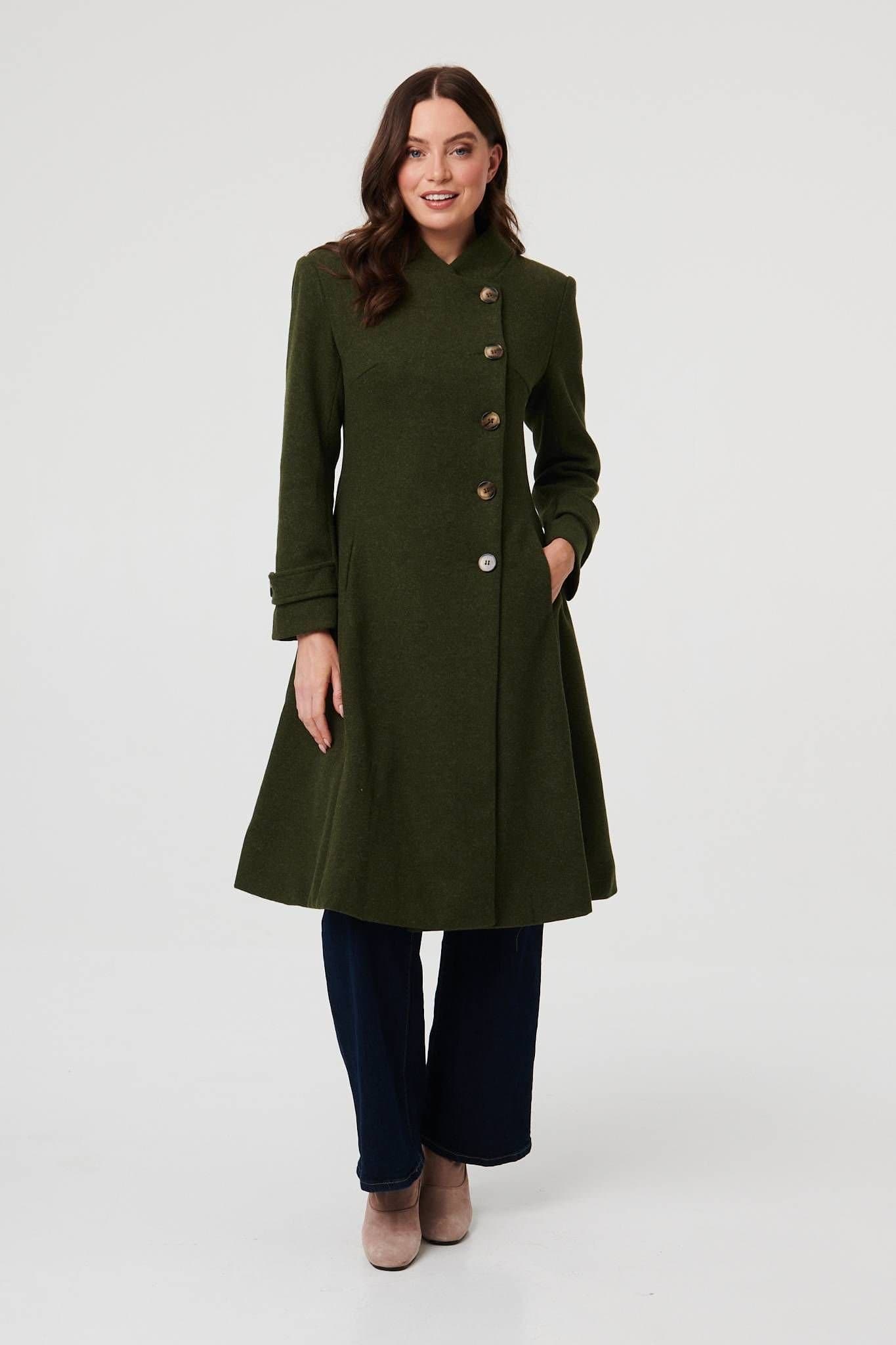 Izabel London Izabel London Women's Button Front Funnel Neck Coat in Khaki