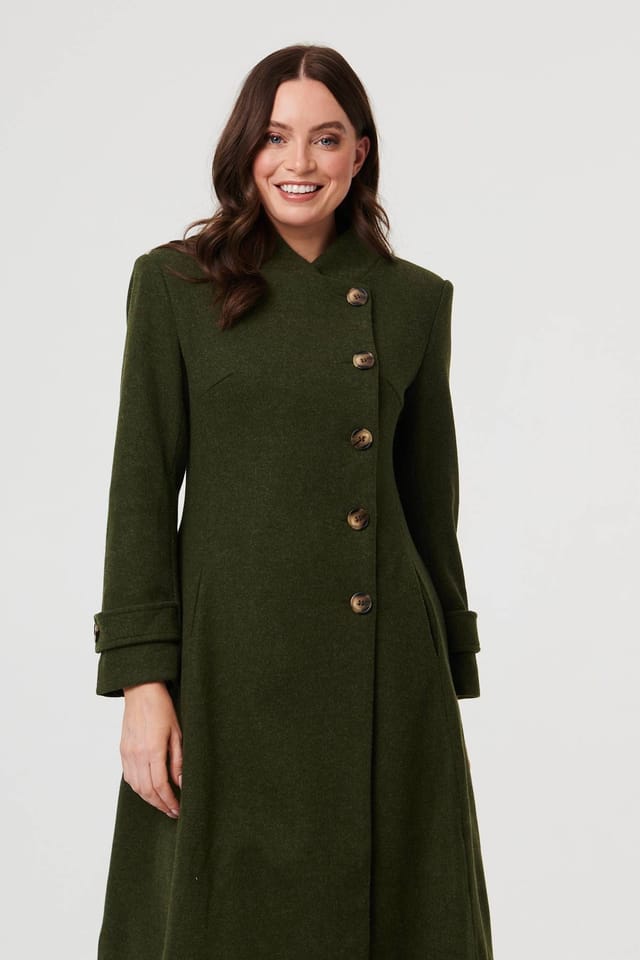 Izabel London Izabel London Women's Button Front Funnel Neck Coat in Khaki - 2