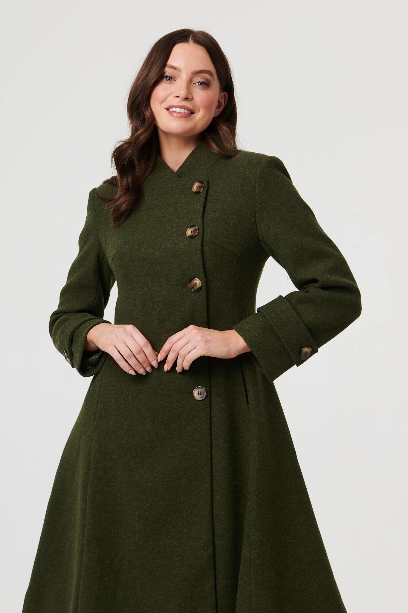 Izabel London Izabel London Women's Button Front Funnel Neck Coat in Khaki - 4