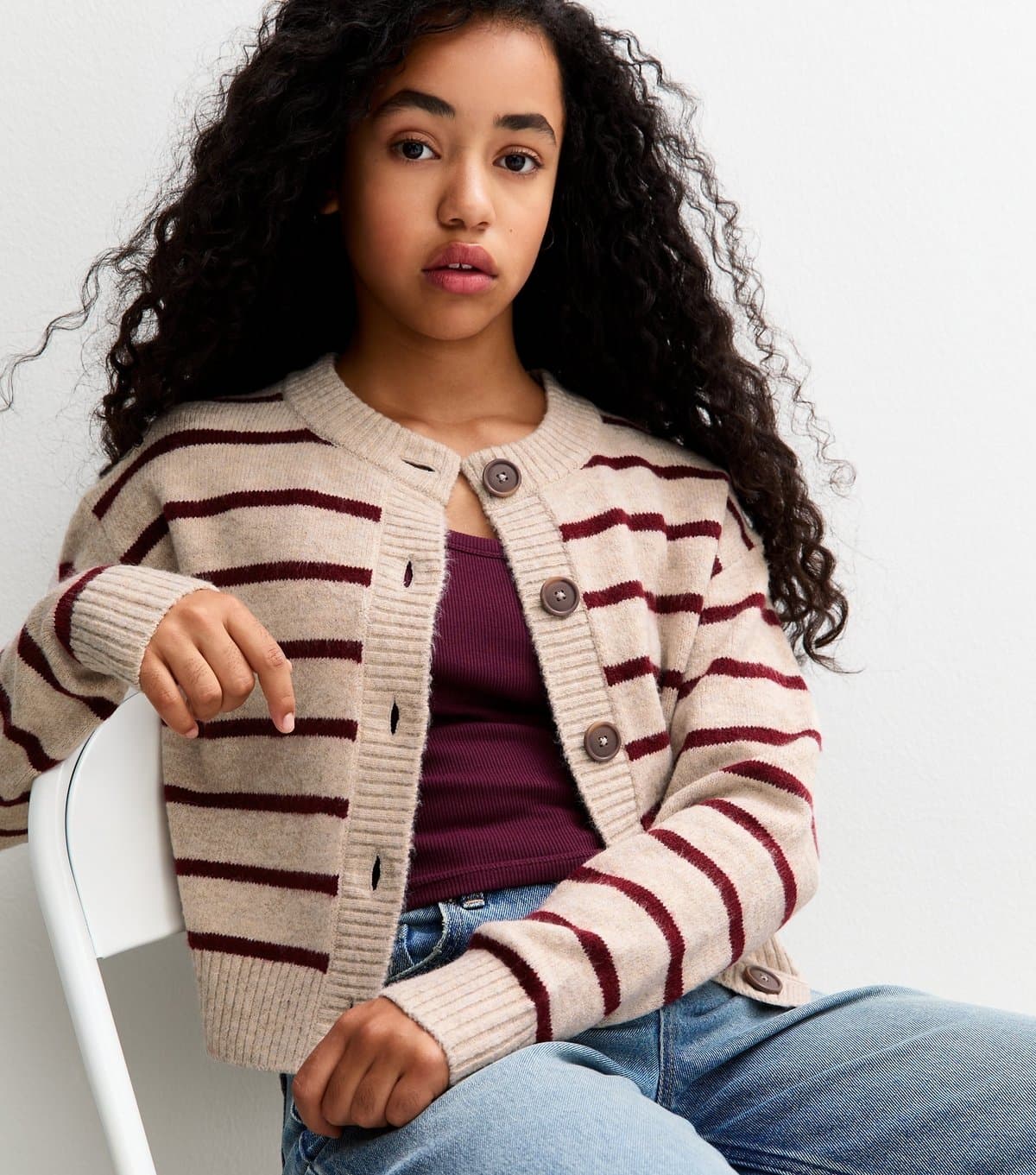 New Look Girls' Cream Striped Crew Neck Cardigan New Look