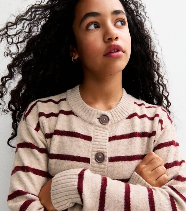 New Look Girls' Cream Striped Crew Neck Cardigan New Look - 2