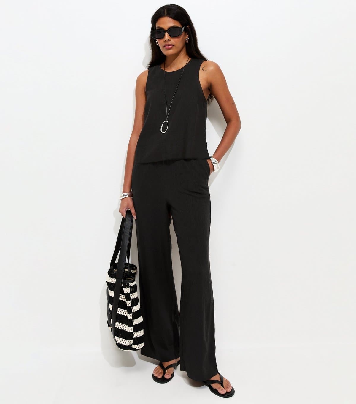New Look Women's Black Linen Blend Wide Leg Trousers New Look