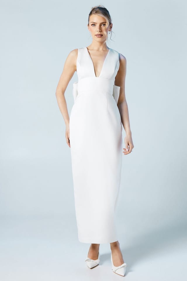 Coast Coast Women's Honoured Plunge Neck Structured Satin Bow Back Wedding Dress in Ivory - 2