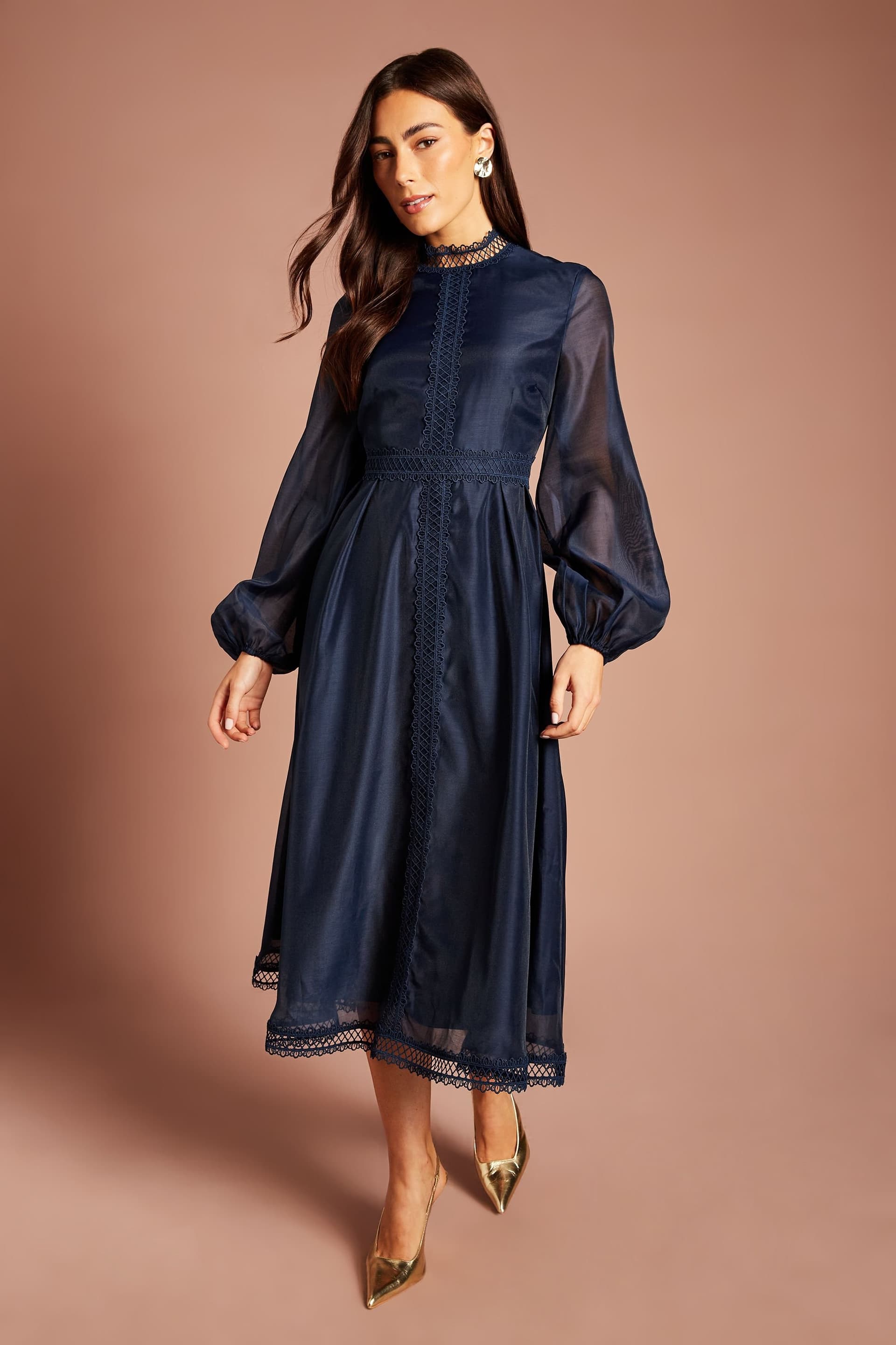 Coast Coast Women's Organza Lace Trim Midi Dress in Navy