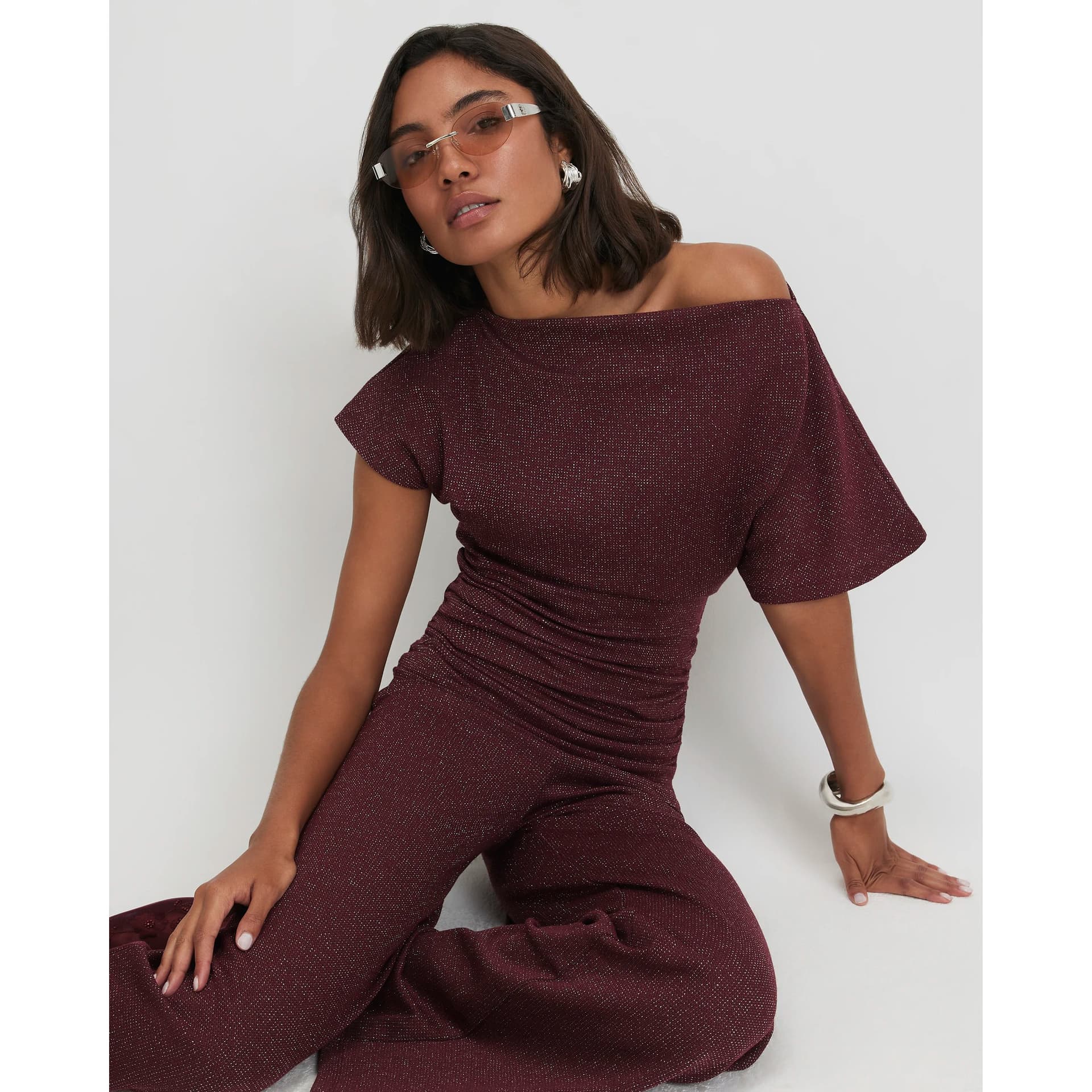 River Island River Island Womens Burgundy Glitter Thread Gathered Hem Top