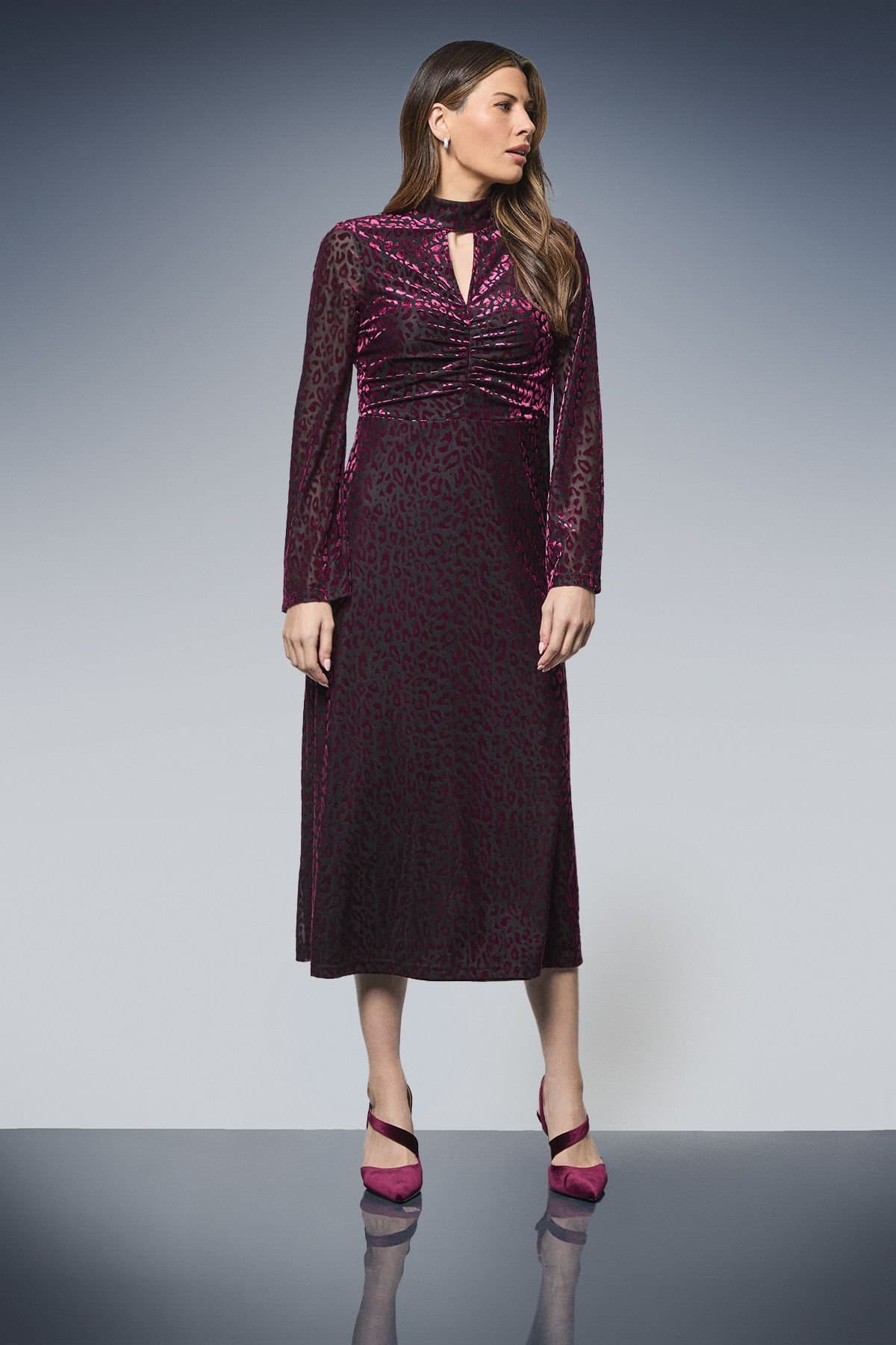 Wallis Wallis Women's Jersey Devore High Neck Ruched Midi Dress in Berry