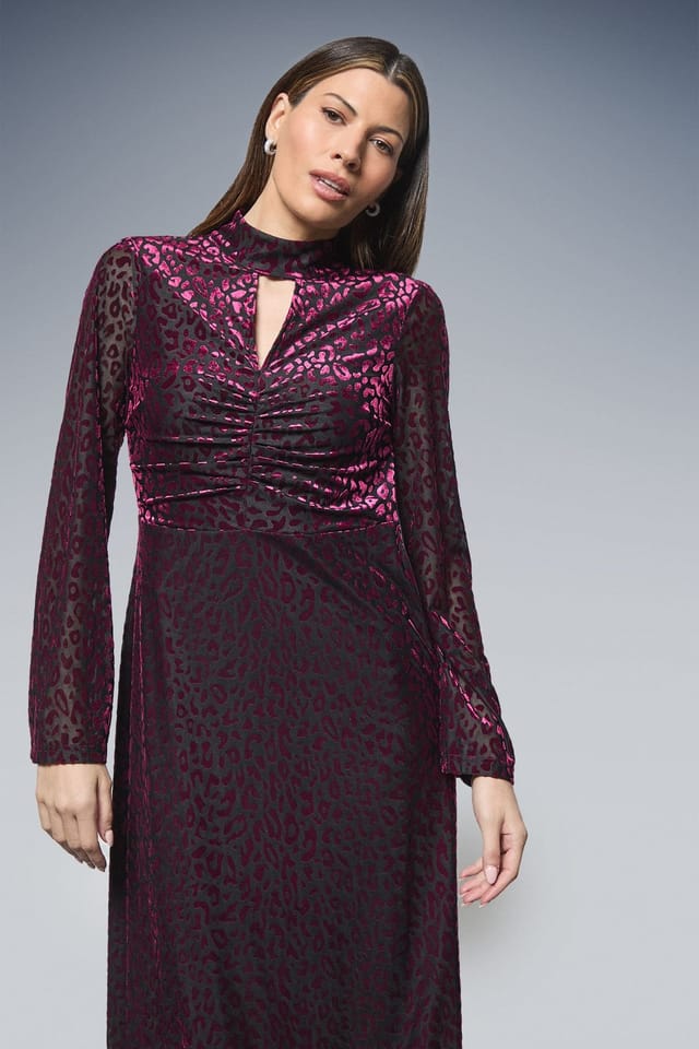 Wallis Wallis Women's Jersey Devore High Neck Ruched Midi Dress in Berry - 2