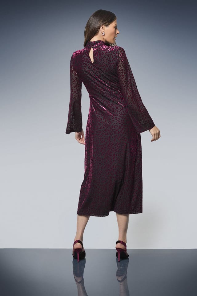 Wallis Wallis Women's Jersey Devore High Neck Ruched Midi Dress in Berry - 3