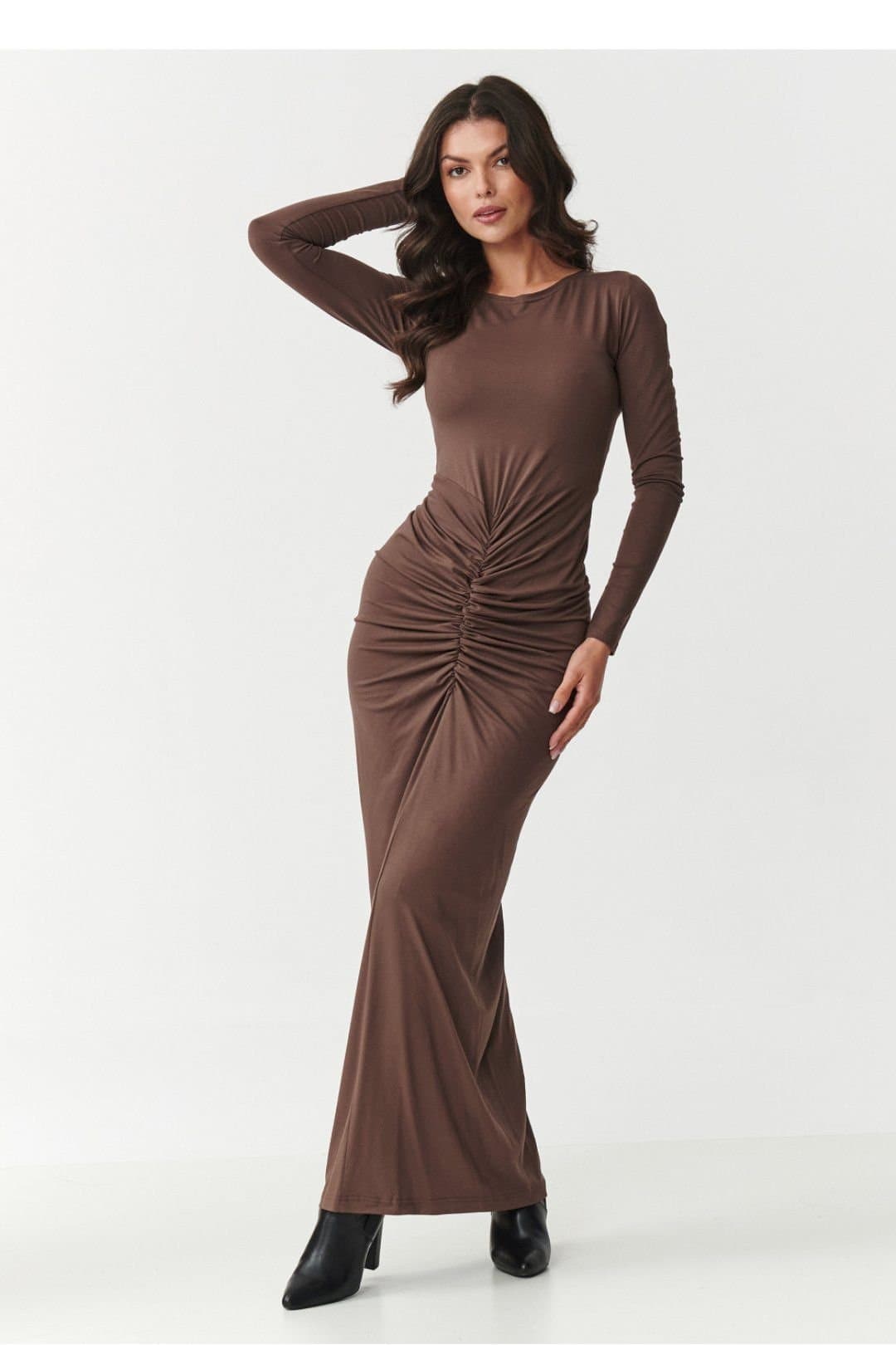 Love Lace Love Lace Women's Gathered Waist Long Sleeve Maxi Dress in Brown