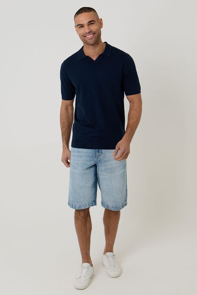 Threadbare Threadbare Men's Knitted Short Sleeve Trophy Neck Polo in Navy - 3