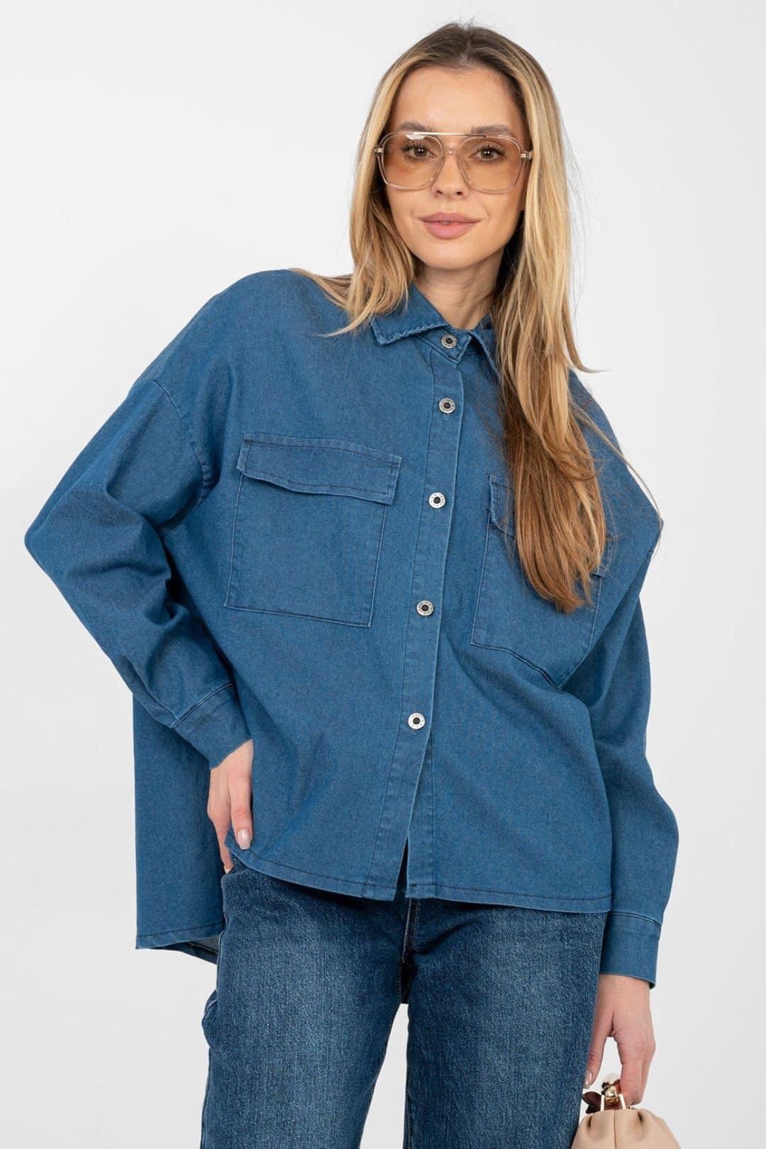 Love Lace Love Lace Women's Loose Fit Denim Long Sleeve Shirt with Pockets in Blue