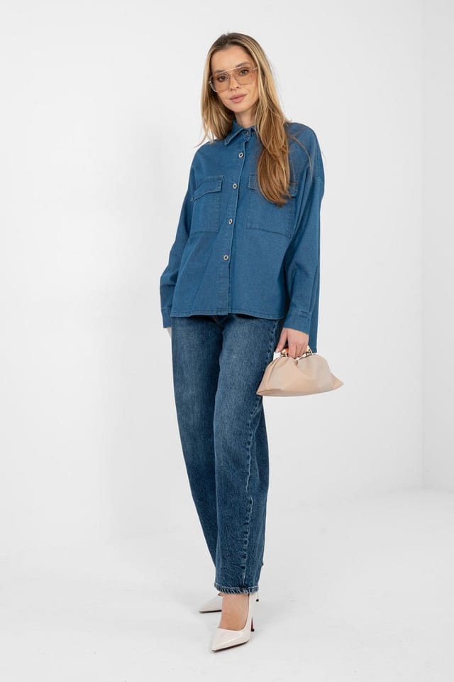 Love Lace Love Lace Women's Loose Fit Denim Long Sleeve Shirt with Pockets in Blue - 2
