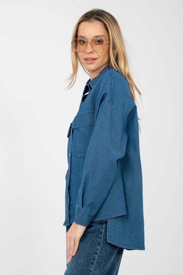 Love Lace Love Lace Women's Loose Fit Denim Long Sleeve Shirt with Pockets in Blue - 3