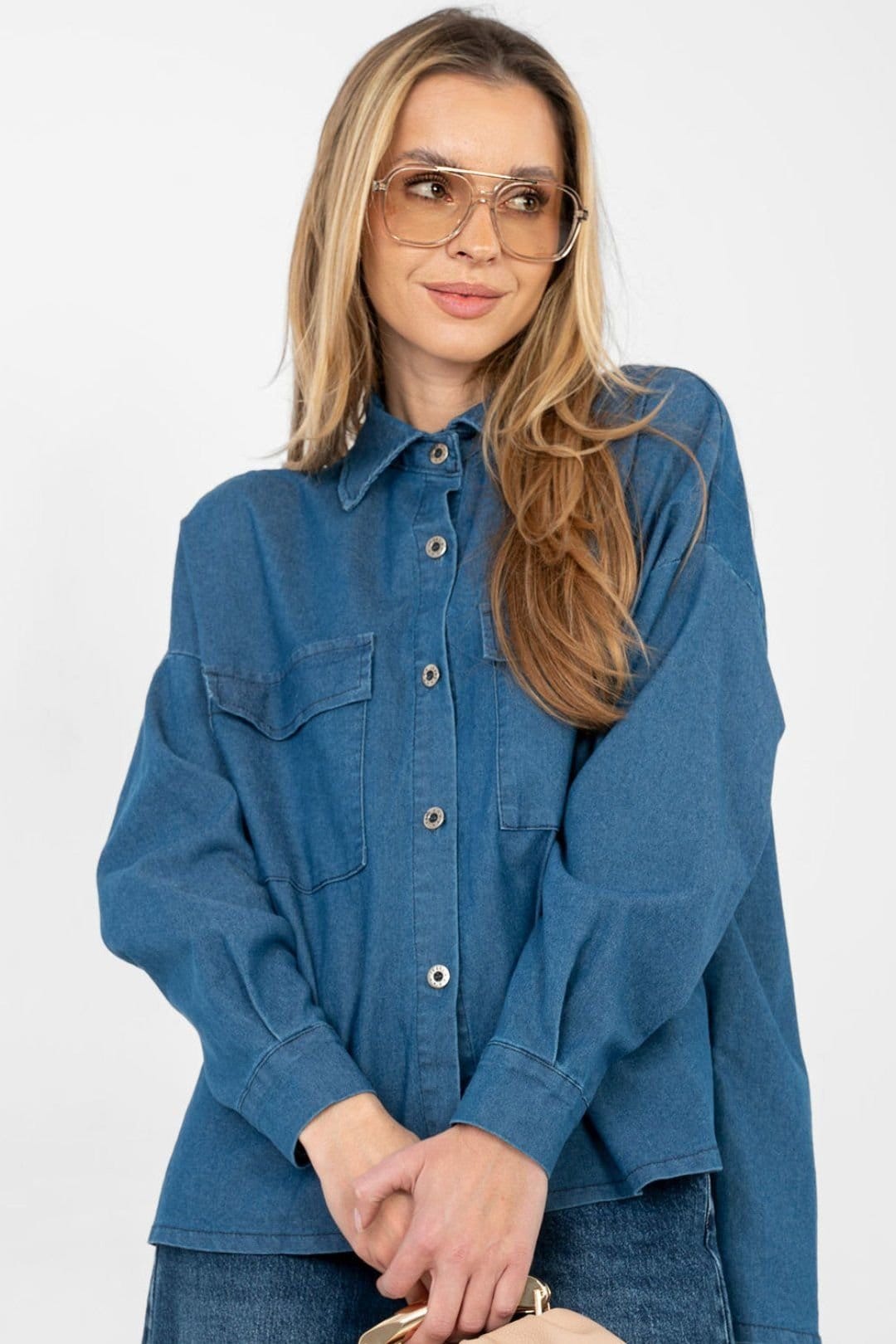 Love Lace Love Lace Women's Loose Fit Denim Long Sleeve Shirt with Pockets in Blue - 4