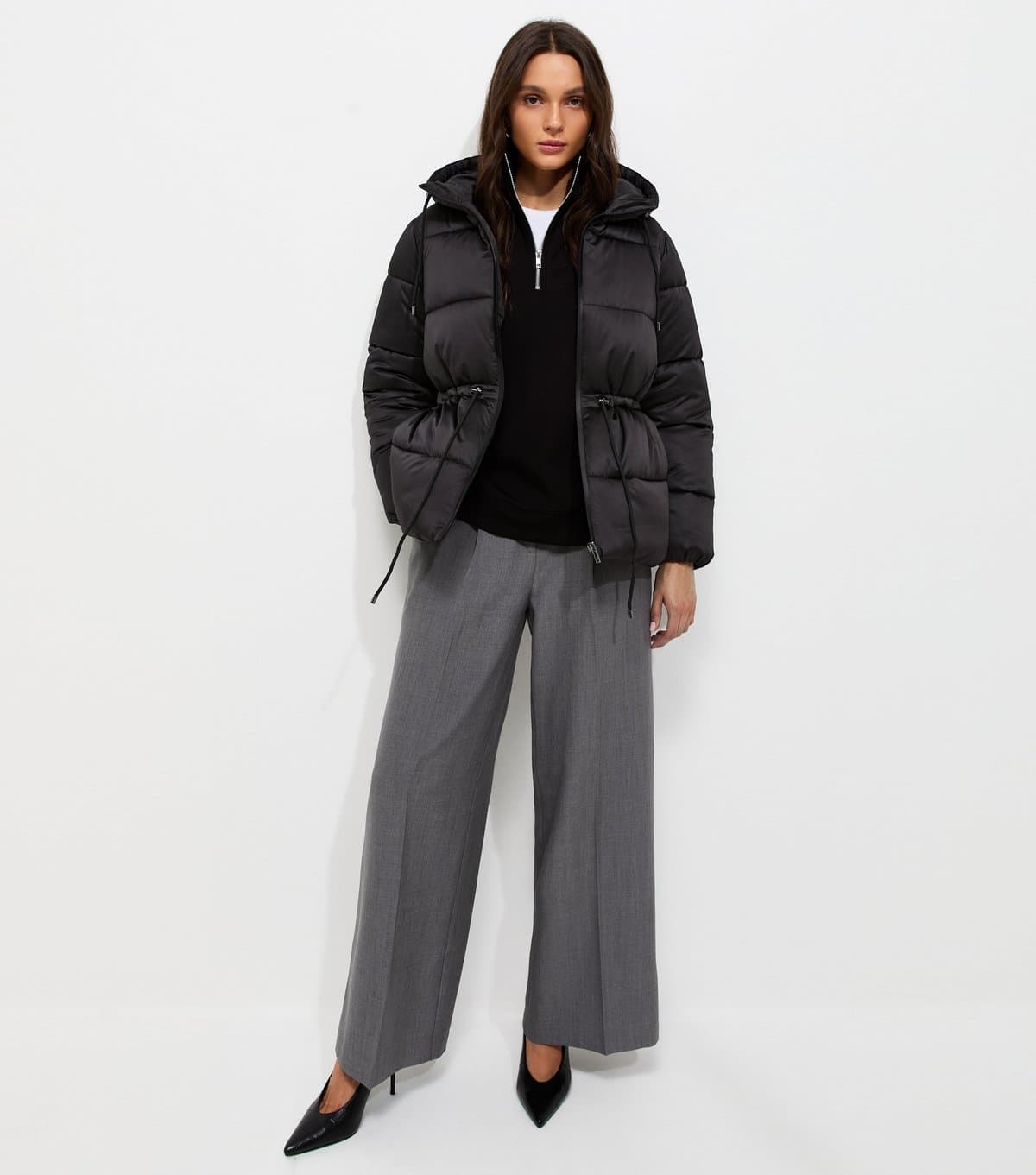 New Look Women's Black Drawstring Waist Quilted Puffer Jacket New Look