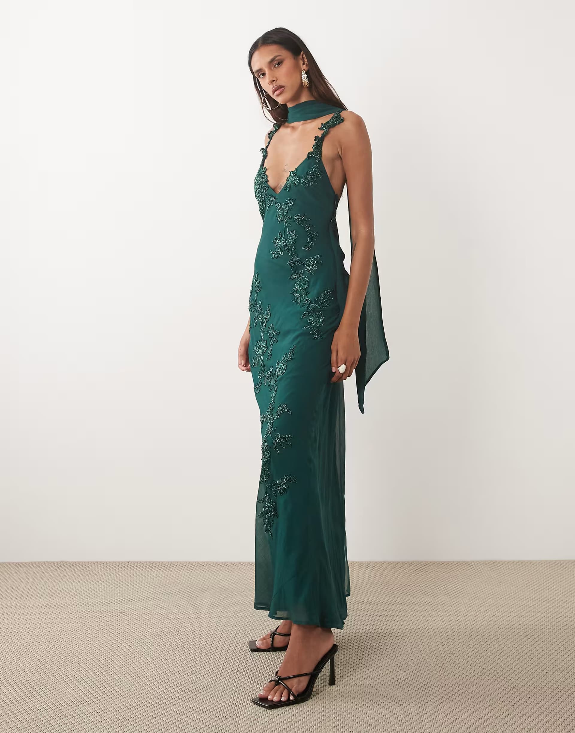 ASOS ASOS DESIGN Tall floral embellished cami maxi dress with scarf in dark green