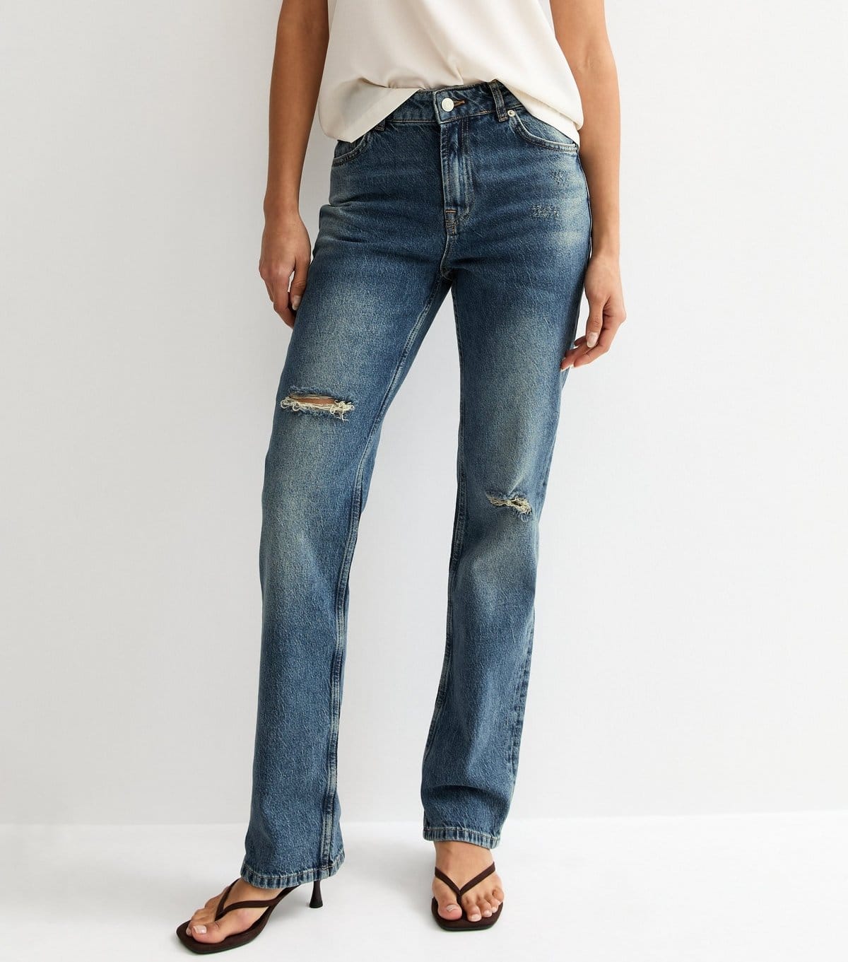 New Look Women's Blue Ripped Ruby Straight Leg Jeans New Look - 4