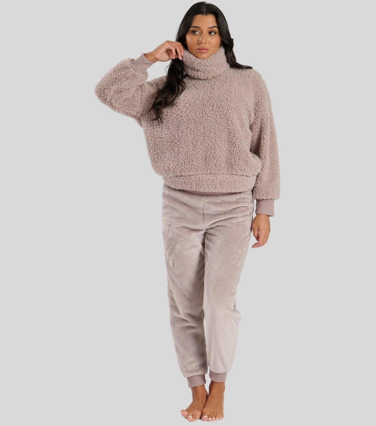 Loungeable Loungeable Light Brown Borg High Neck Lounge Set