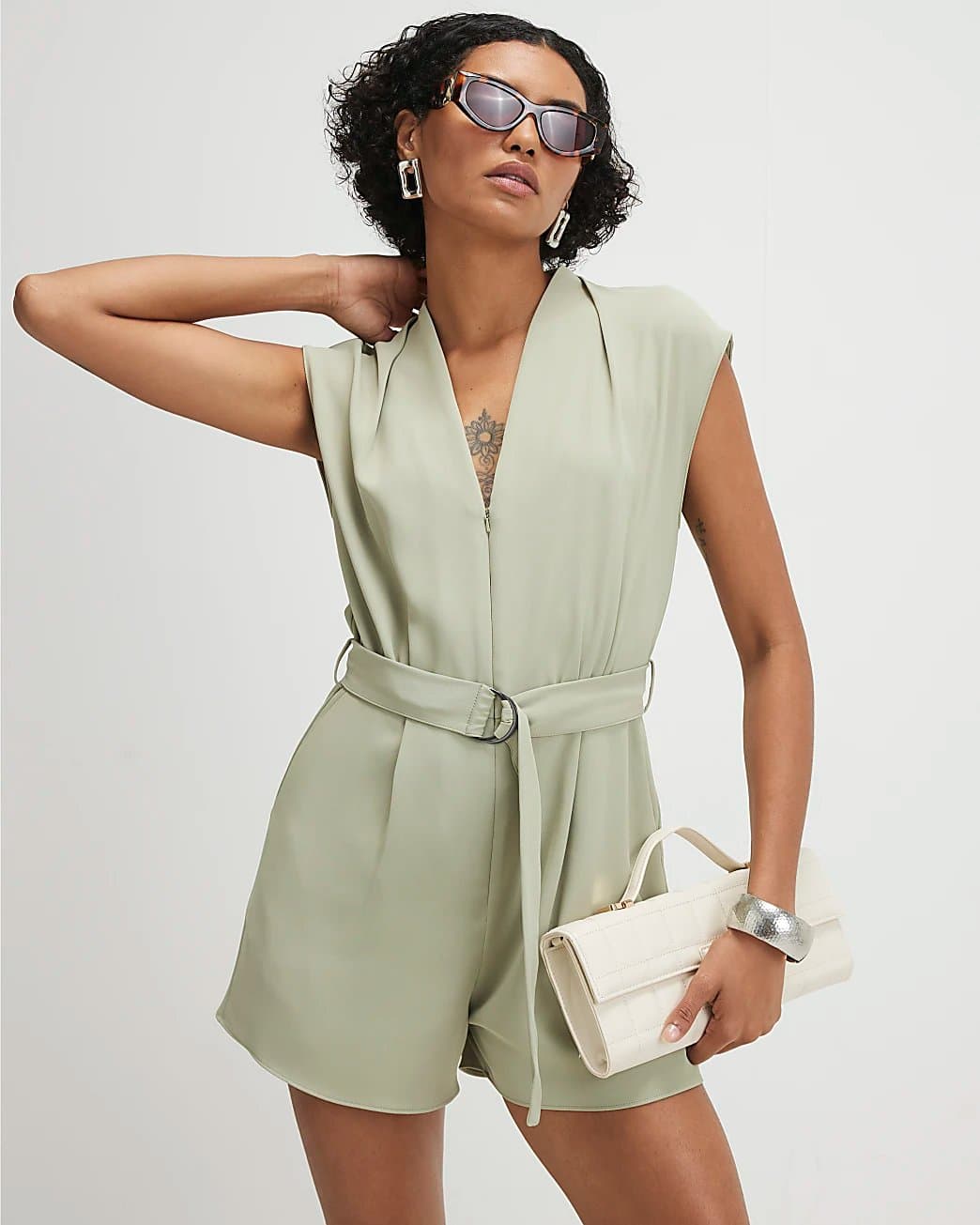 River Island River Island Womens Khaki Short Sleeve Belted Playsuit