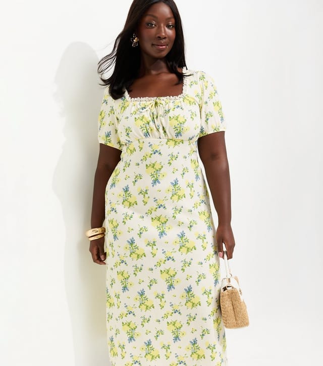 New Look Women's Plus Size Yellow Floral Print Milkmaid Lace Trim Midi Dress Curves New Look - 2