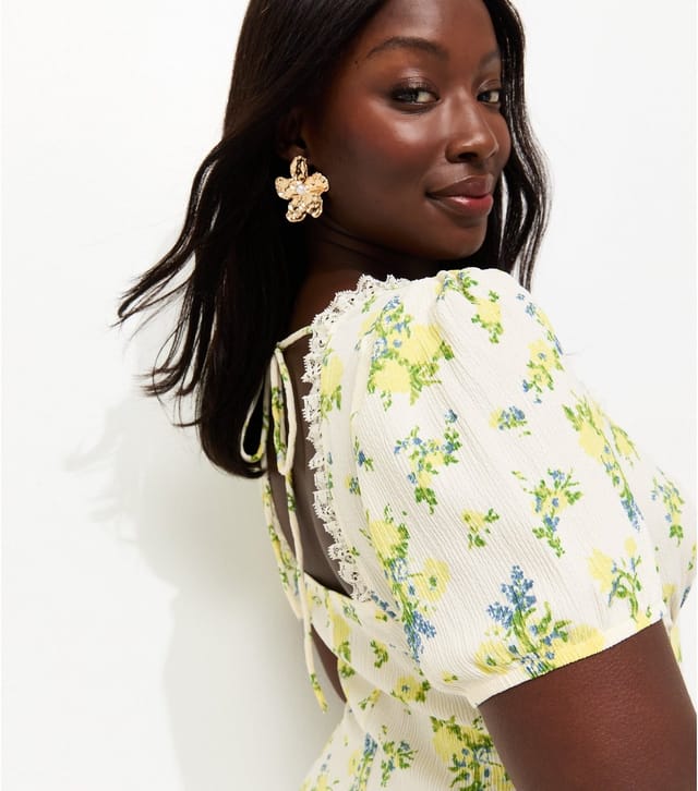 New Look Women's Plus Size Yellow Floral Print Milkmaid Lace Trim Midi Dress Curves New Look - 3