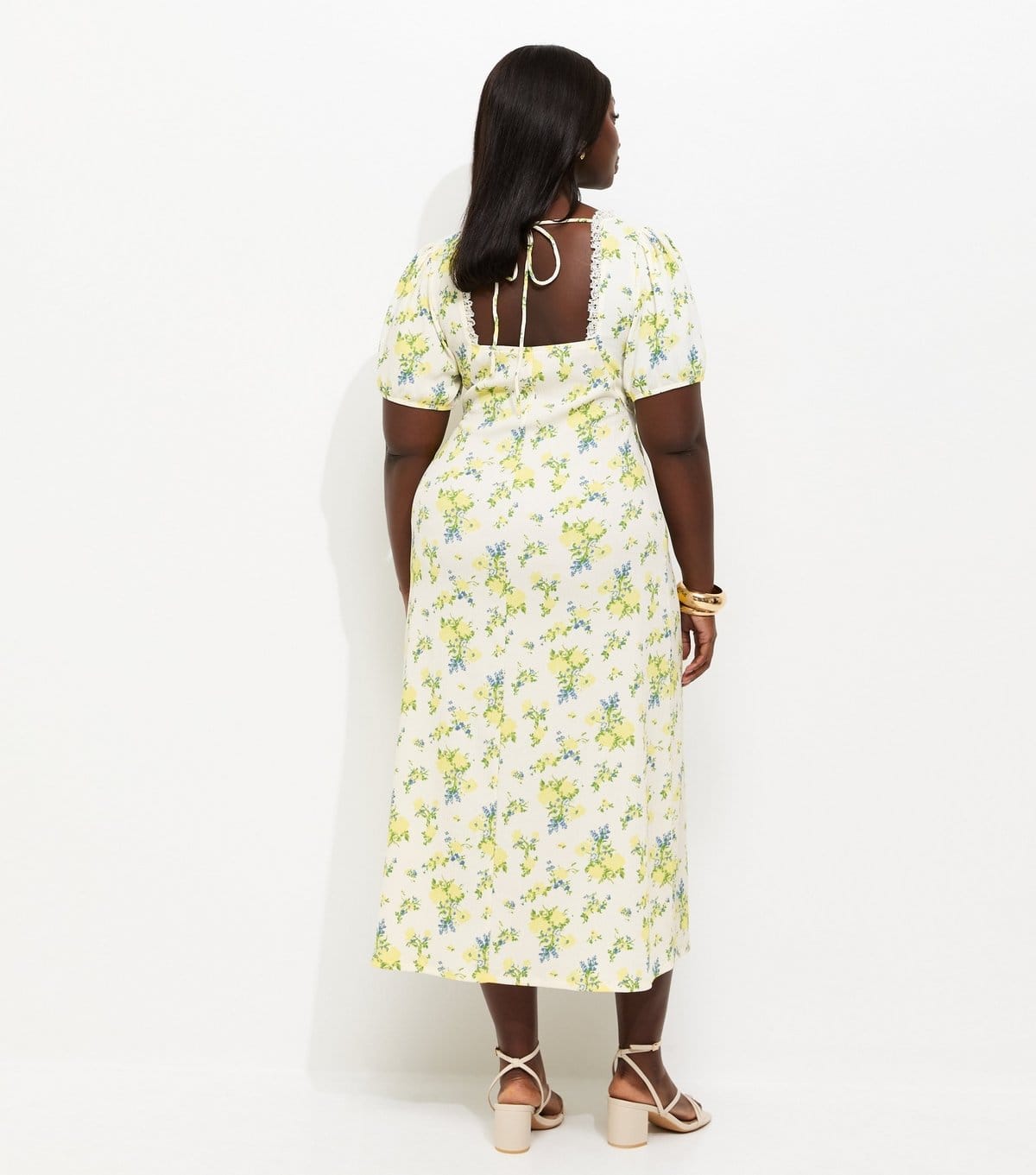 New Look Women's Plus Size Yellow Floral Print Milkmaid Lace Trim Midi Dress Curves New Look - 4