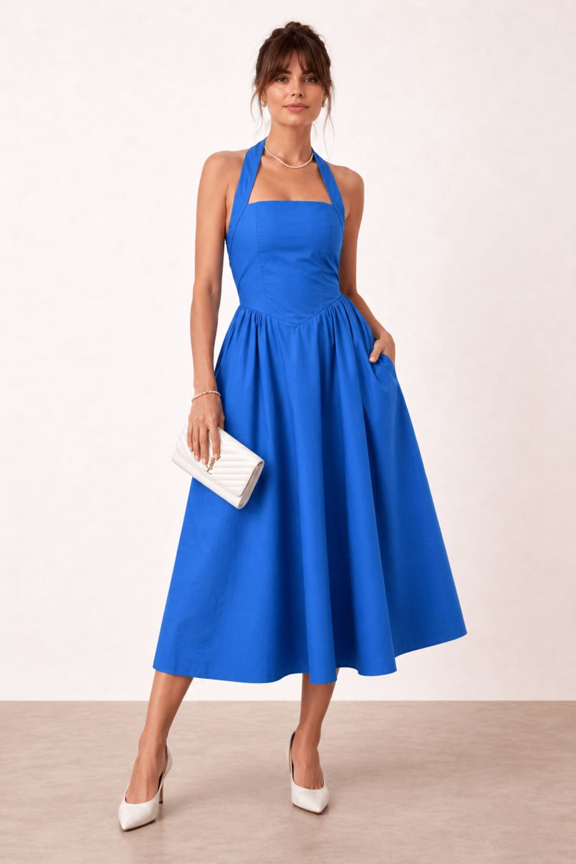 Style Cheat Style Cheat Women's Elsie Cotton Halter Midi fit & Flair Dress in Blue