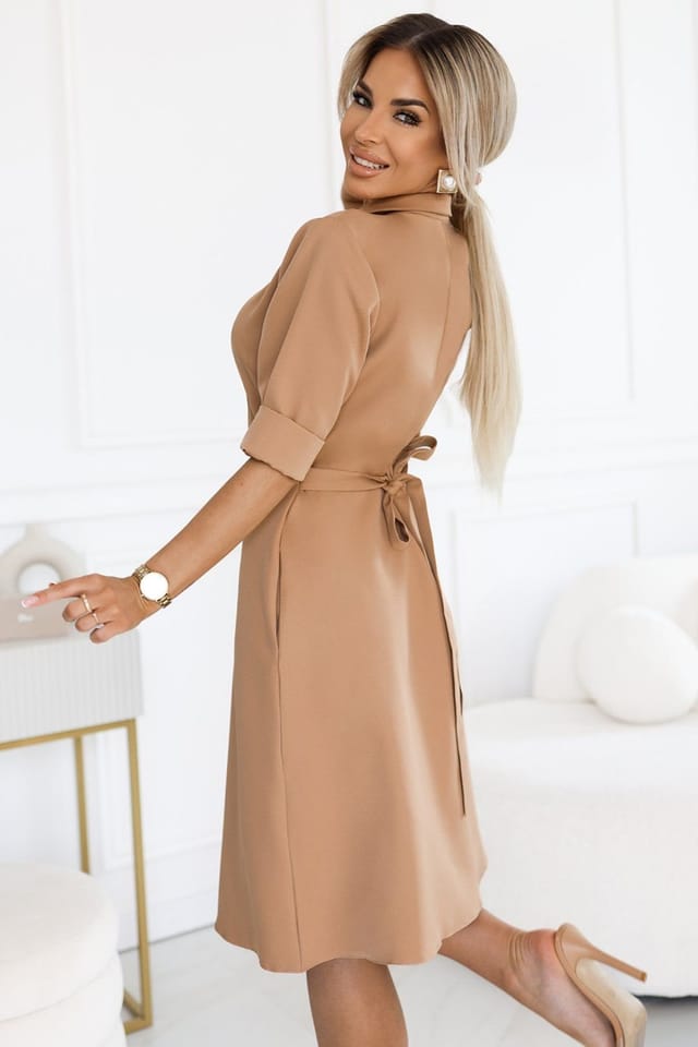 Love Lace Love Lace Women's Elegant Shirtdress with Waist Tie in Beige - 3