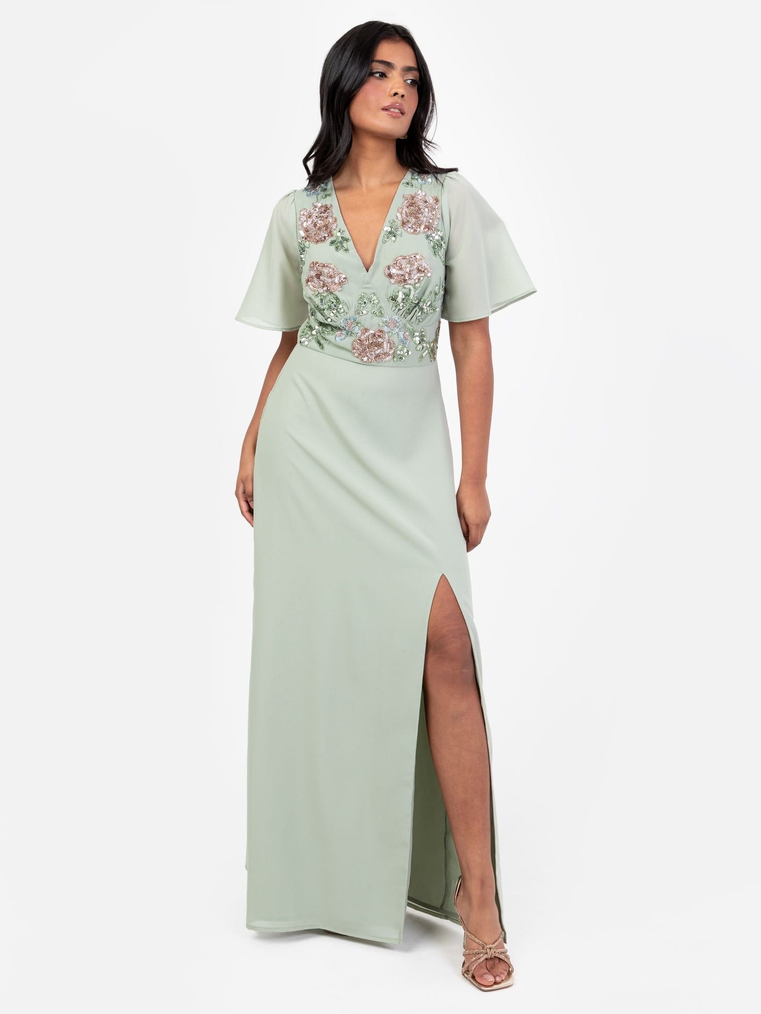 Maya Deluxe Mint Floral Maxi Dress with Short Angel Sleeves