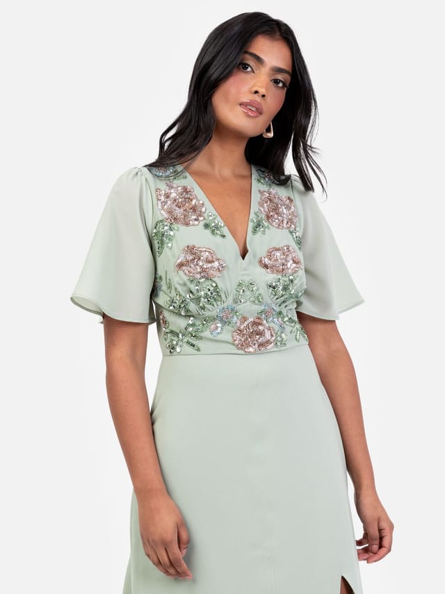 Maya Deluxe Maya Deluxe Women's Floral Embellished Short Angel Sleeve Maxi Dress in Mint - 2