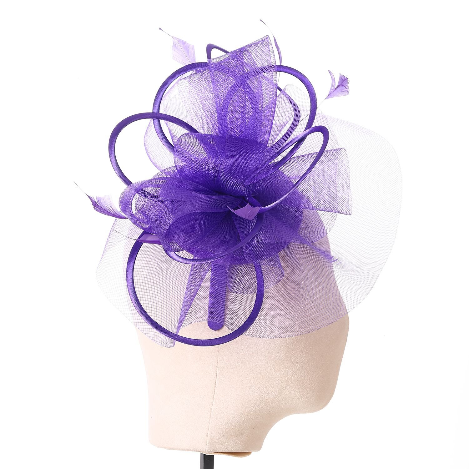 PEACH ACCESSORIES PEACH ACCESSORIES Women's Plain Delicate Mesh Loops & Feather Accents Fascinator in Purple - 2