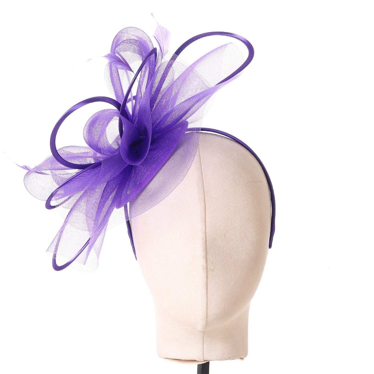 PEACH ACCESSORIES PEACH ACCESSORIES Women's Plain Delicate Mesh Loops & Feather Accents Fascinator in Purple - 3