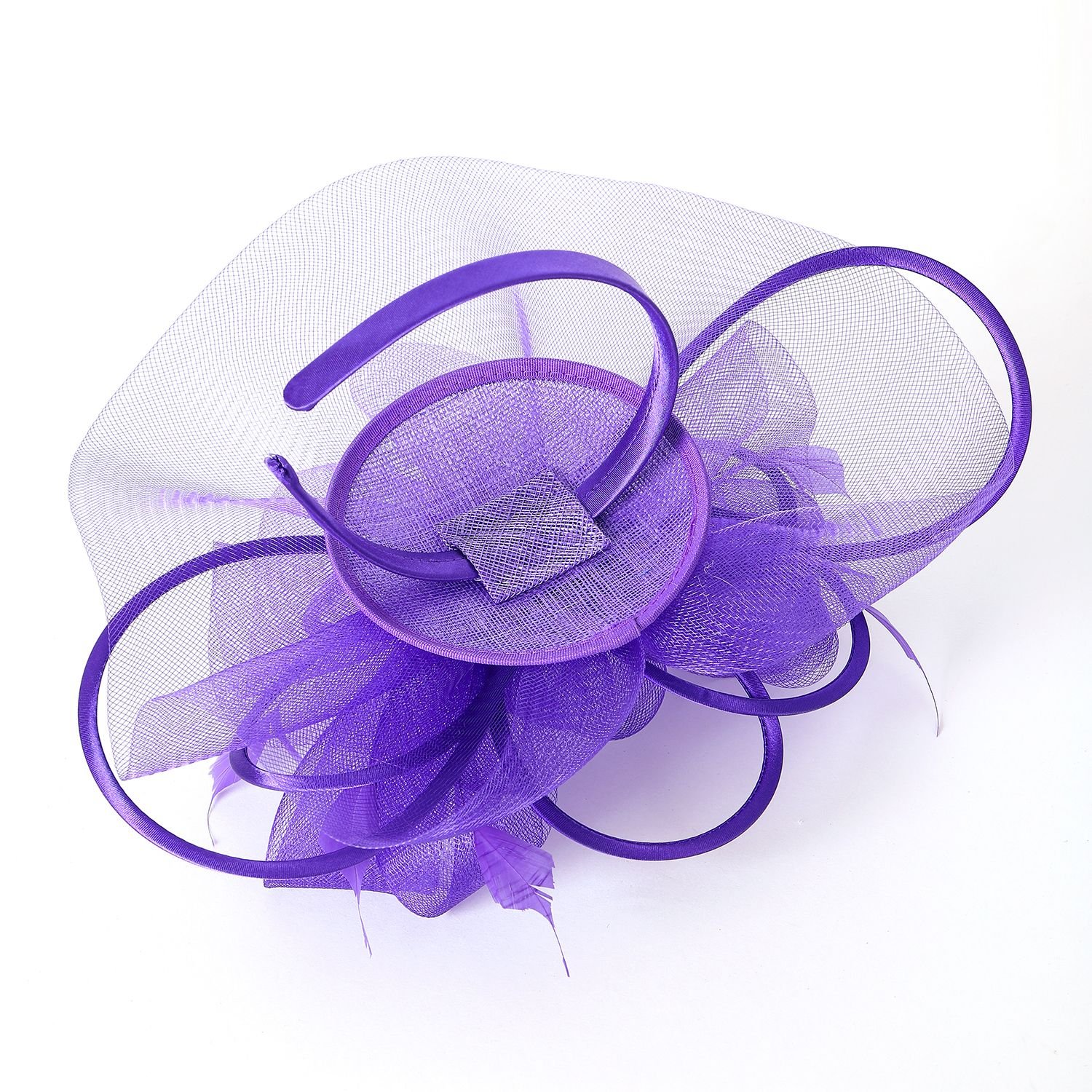 PEACH ACCESSORIES PEACH ACCESSORIES Women's Plain Delicate Mesh Loops & Feather Accents Fascinator in Purple - 4