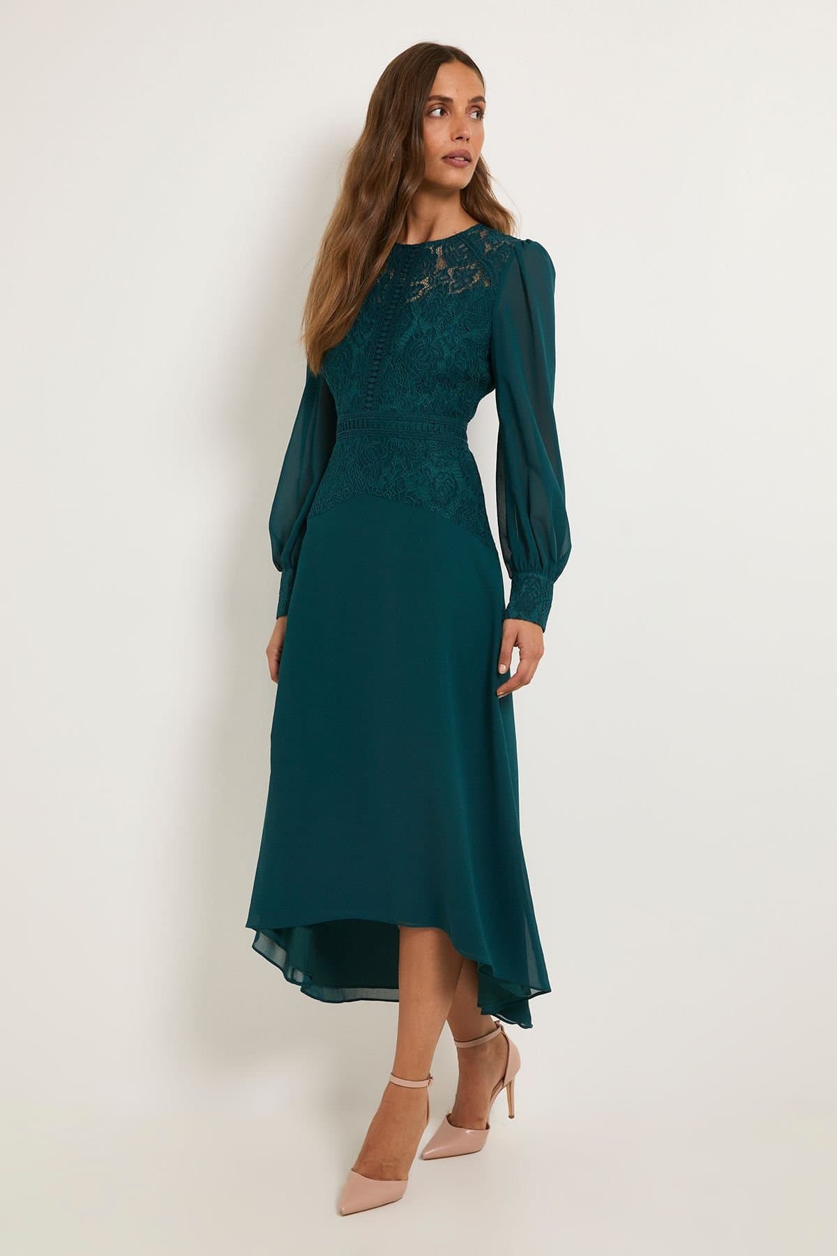 Wallis Wallis Women's Lace Insert Chiffon Midi Dress in Emerald