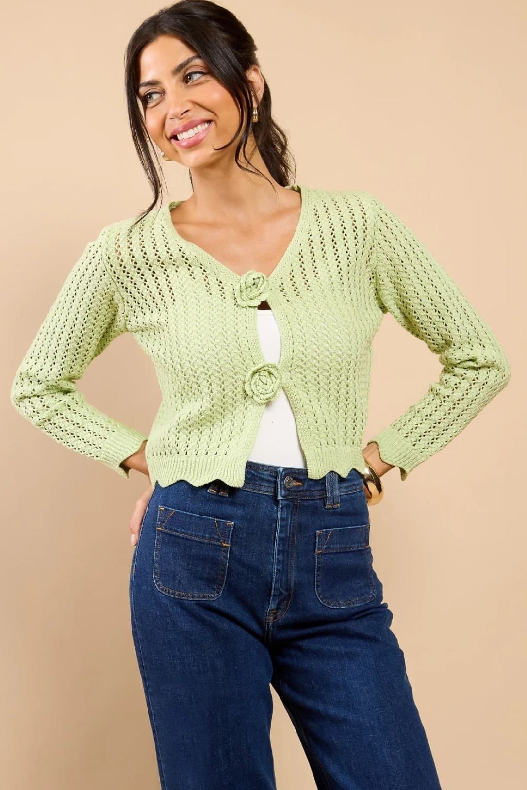 Little Mistress Little Mistress Women's Sage Crochet Rosette Detail Cardigan in Green