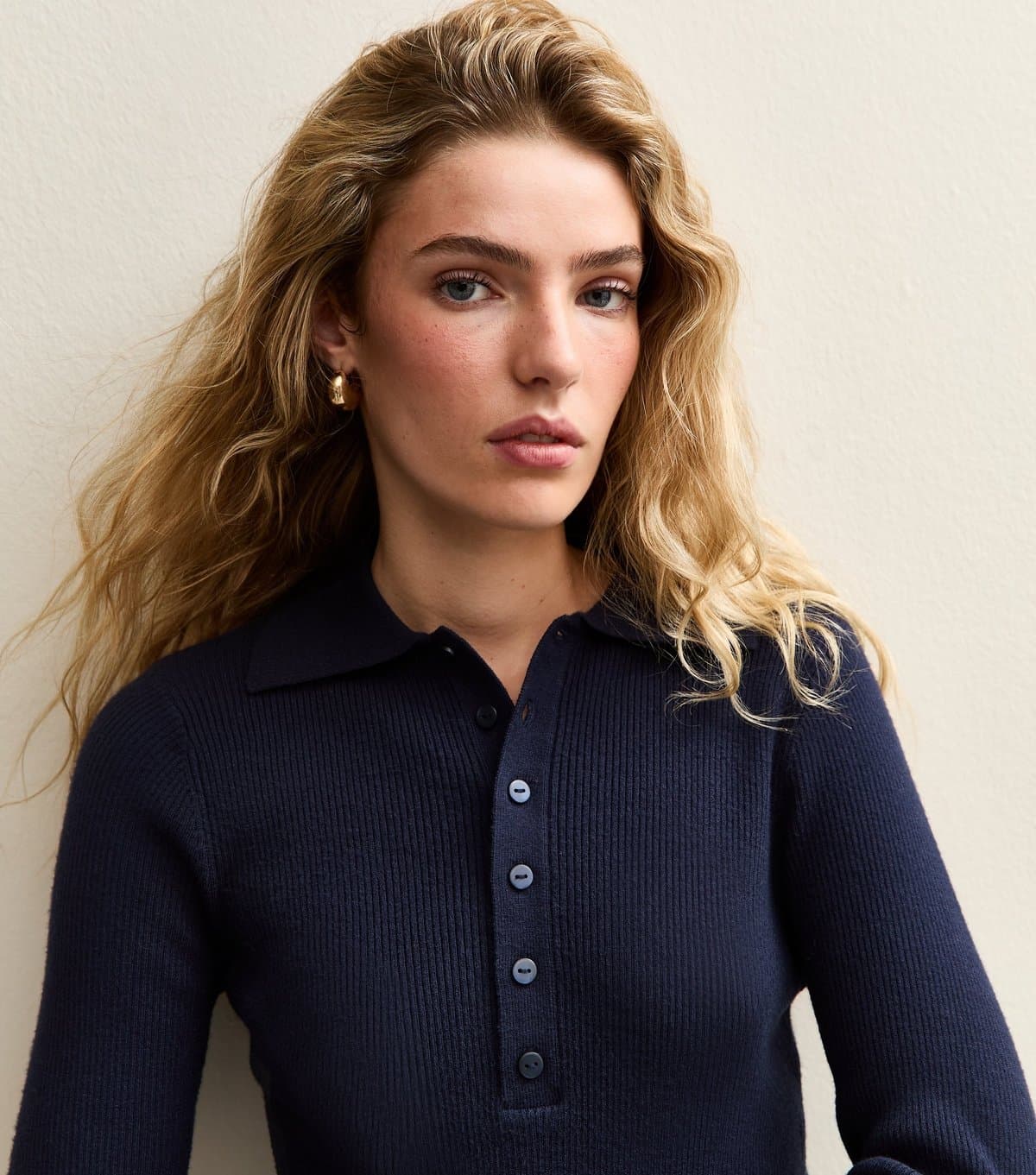 New Look Women's Navy Button Front Ribbed Polo Top New Look