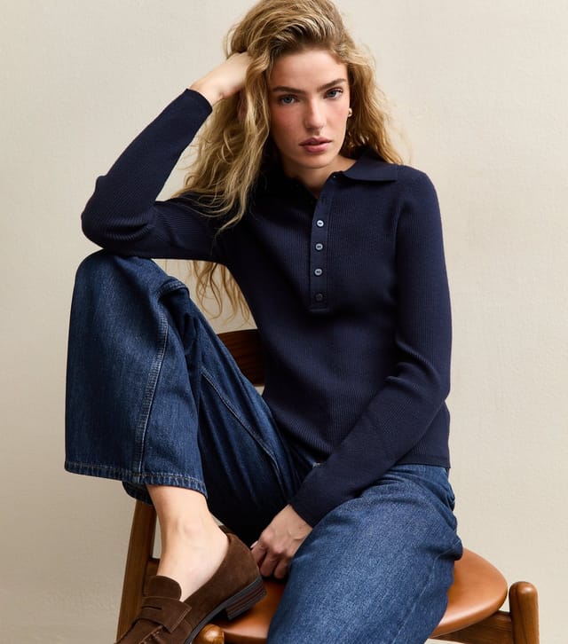 New Look Women's Navy Button Front Ribbed Polo Top New Look - 2